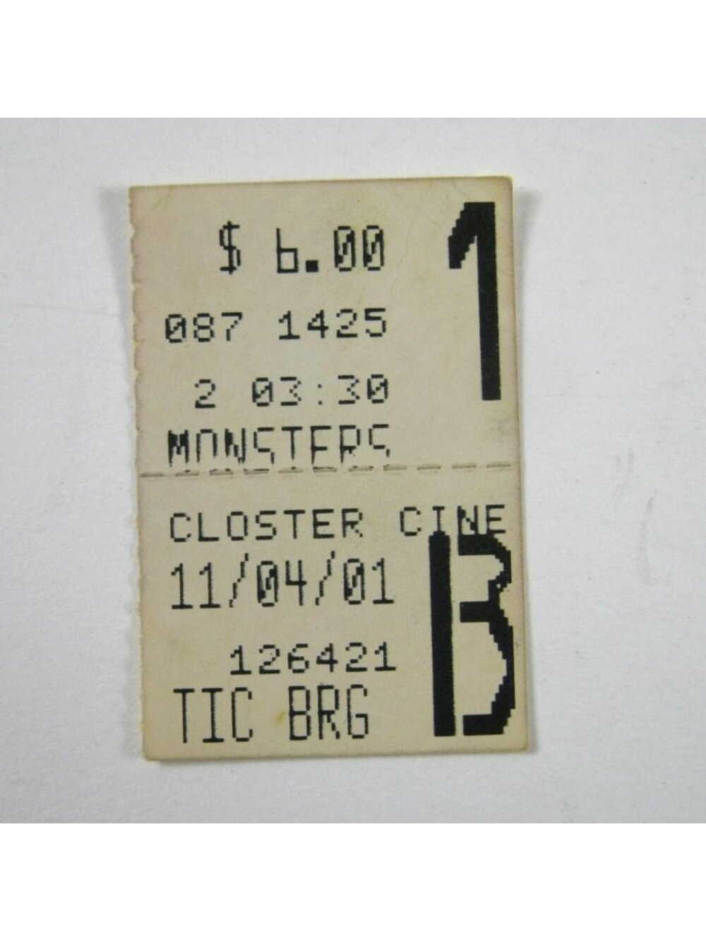 Vintage 2001 Movie Ticket Stub Closter Cinemas Monsters Collectible
